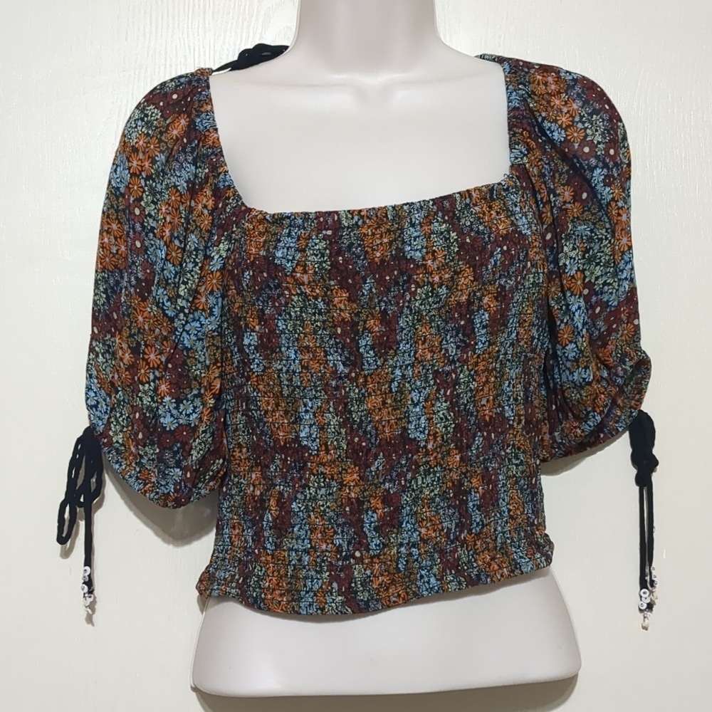 Free People Dark Combo Puff Sleeve Cropped Blouse Top Size Small - Picture 3 of 7
